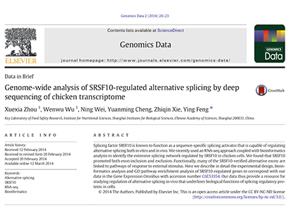 Genome-wide analysis of SRSF10-regulated alternative splicing by deep sequencing of chicken transcriptome.