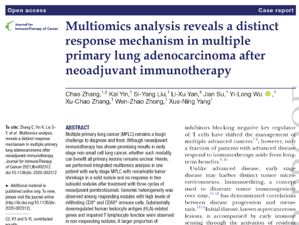 烈冰助力||多組學分析揭示了多原發肺腺癌新輔助免疫治療后的反應機制